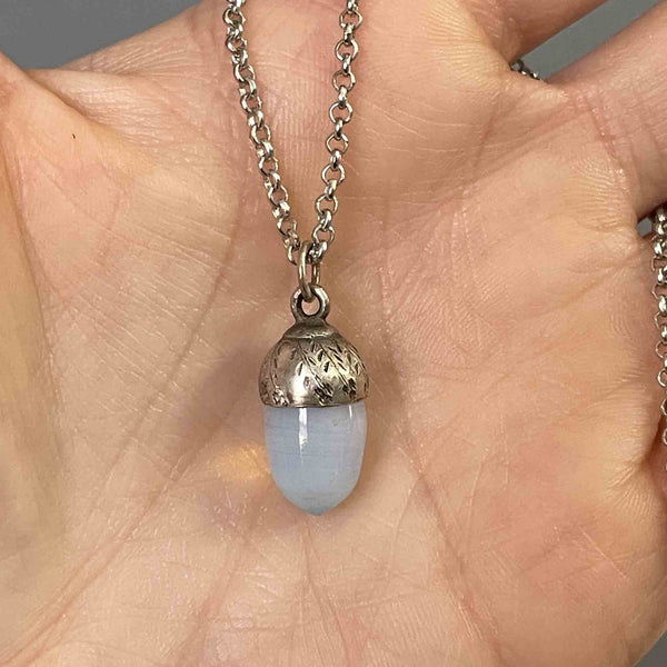 Arts and Crafts Carved Silver Opaline Acorn Pendant Necklace - Boylerpf