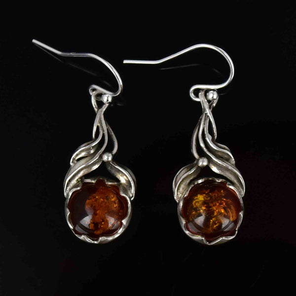 Arts and Crafts Style Silver Natural Baltic Amber Drop Earrings - Boylerpf