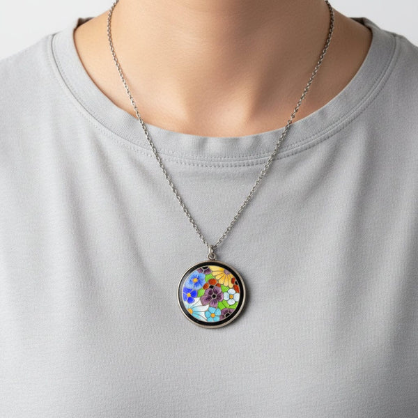 Vintage Bernard Instone Silver Enamel Flower Pendant Necklace