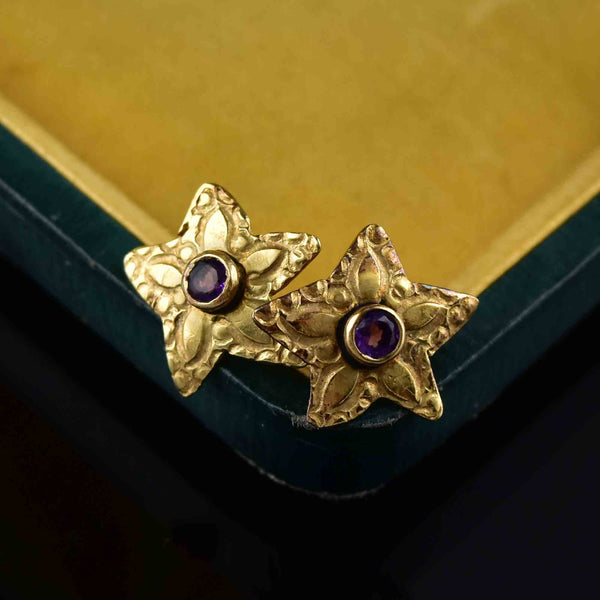 Vintage 14K Gold Star Amethyst Stud Earrings - Boylerpf