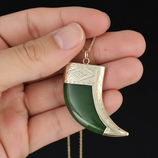 Vintage Large Carved Jade Claw Pendant Necklace