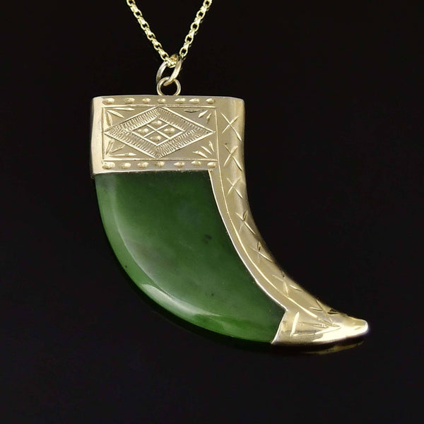 Vintage Large Carved Jade Claw Pendant Necklace