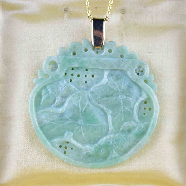 Vintage 14K Gold Carved Jade Fish Lilly Pad Pendant Necklace - Boylerpf