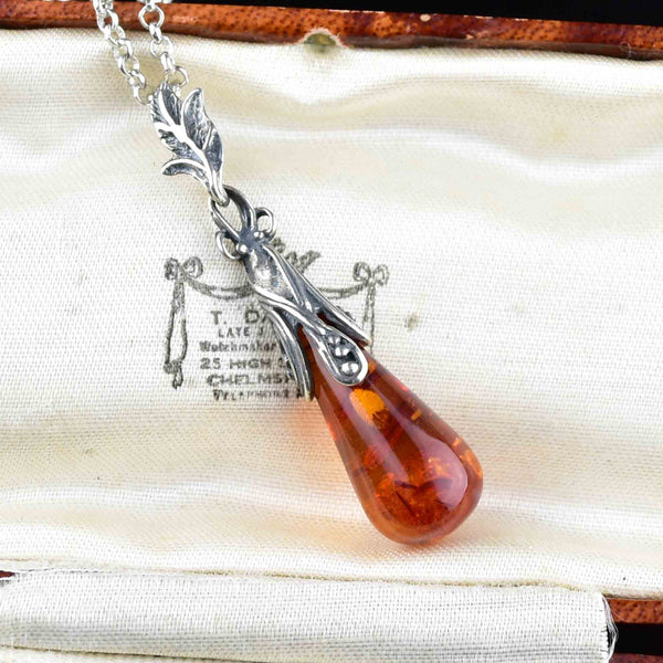 Vintage Silver Baltic Amber Pendant Necklace - Boylerpf