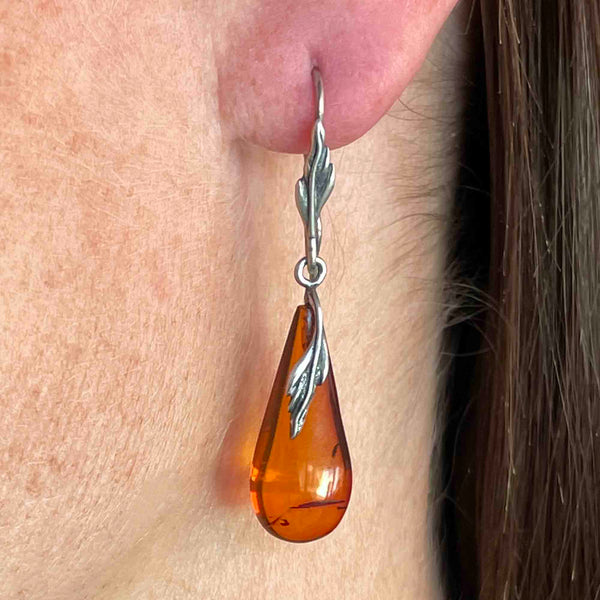 Arts and Crafts Style Silver Leaf Amber Cabochon Drop Earrings - Boylerpf