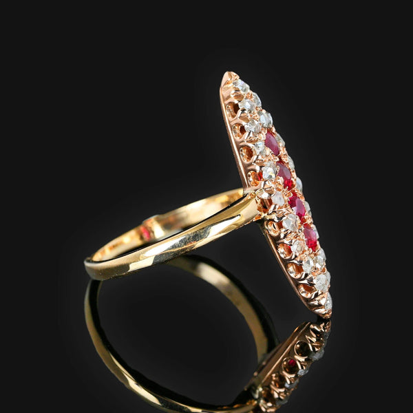 Antique Victorian Diamond Ruby Navette Ring in 14K Gold - Boylerpf