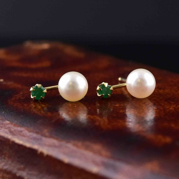 Vintage 14K Gold Emerald Pearl Stud Drop Earrings - Boylerpf