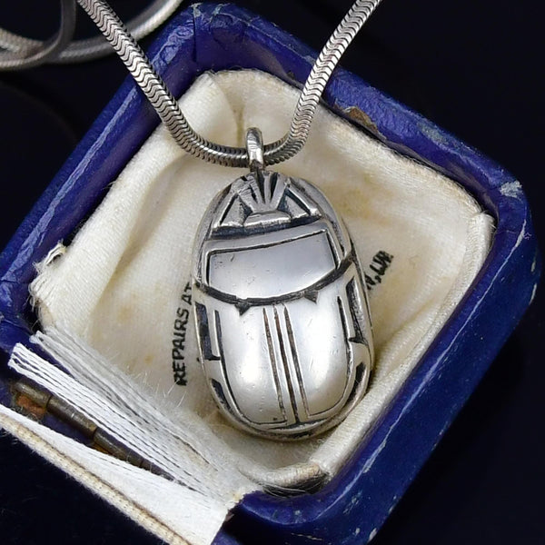 Antique Heavy Sterling Silver Scarab Pendant Necklace - Boylerpf