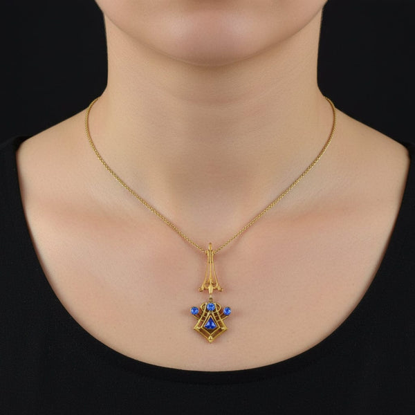 10K Gold Art Nouveau Blue Sapphire Lavalier Pendant Necklace