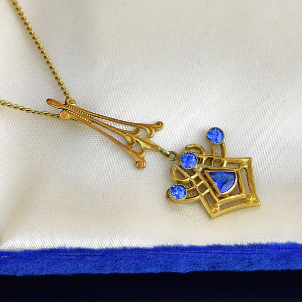 10K Gold Art Nouveau Blue Sapphire Lavalier Pendant Necklace