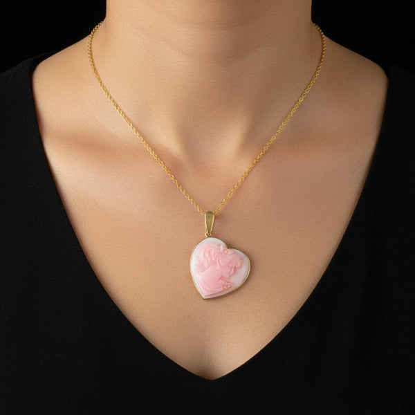 14K Gold Pink Shell Cameo Heart Enhancer Pendant Necklace