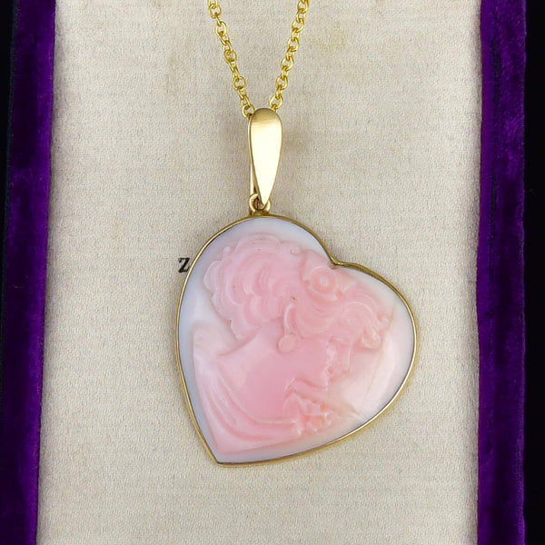 14K Gold Pink Shell Cameo Heart Enhancer Pendant Necklace