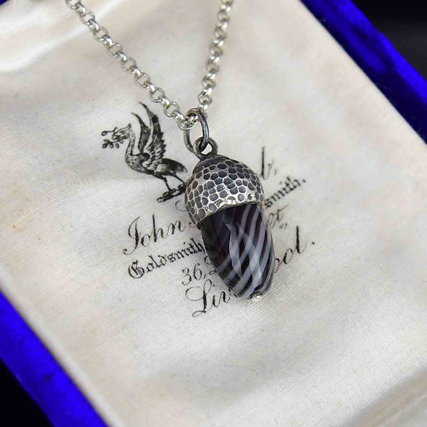 Arts and Crafts Silver Banded Agate Acorn Pendant Necklace - Boylerpf