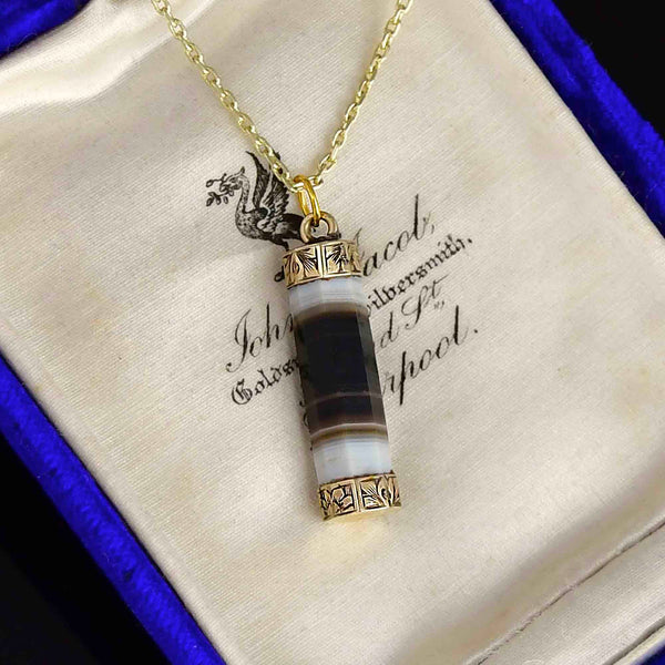 Antique Victorian Gold Floral Banded Agate Barrel Pendant Necklace - Boylerpf