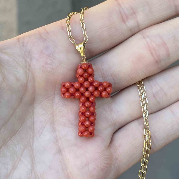 18K Gold Beaded Coral Cross Pendant Necklace - Boylerpf