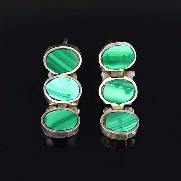 Vintage Sterling Silver Malachite Articulated Post Earrings - Boylerpf