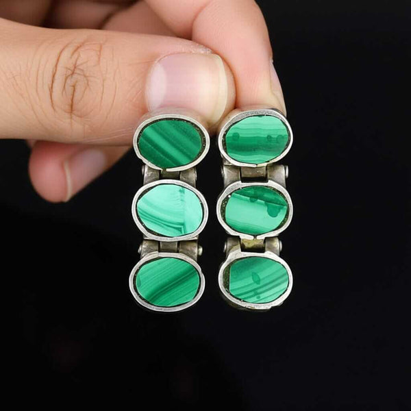 Vintage Sterling Silver Malachite Articulated Post Earrings - Boylerpf