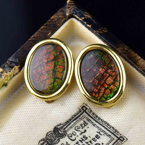 Vintage Gold Fill Ammolite Cabochon Earrings - Boylerpf