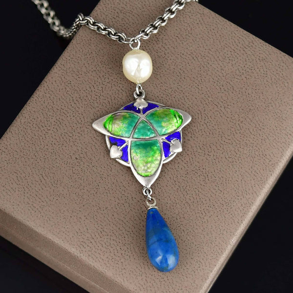 Art Nouveau Silver Enamel Pearl Lapis Lazuli Necklace