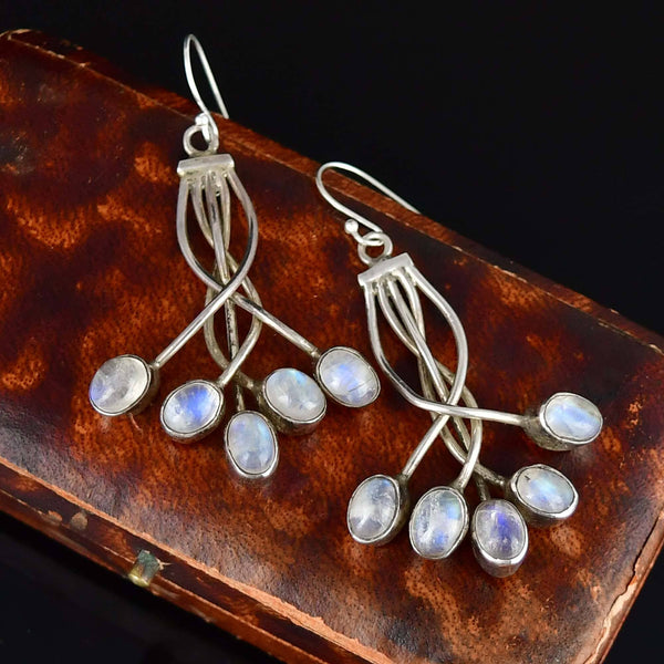 Vintage Moonstone Cabochon Sterling Silver Drop Earrings