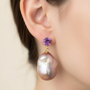 Vintage Amethyst Baroque Pearl Drop Earrings - Boylerpf