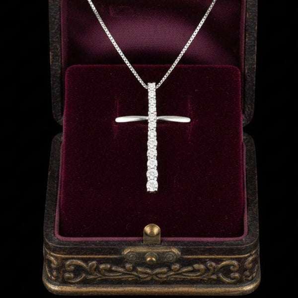 Vintage 9K White Gold Diamond Cross Necklace - Boylerpf