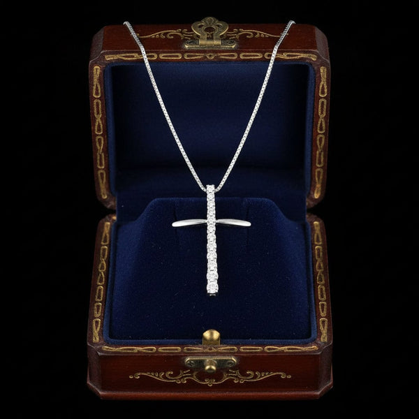 Vintage 9K White Gold Diamond Cross Necklace - Boylerpf