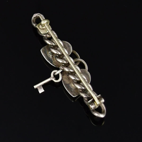 Antique Sterling Silver Heart Padlock Key Brooch - Boylerpf