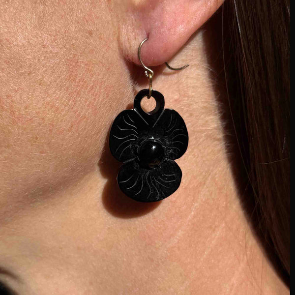 Antique Victorian Carved Whitby Jet Pansy Flower Earrings - Boylerpf
