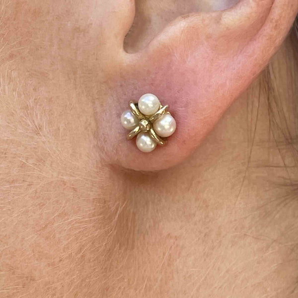 Vintage 9K Gold Pearl Cluster Stud Earrings - Boylerpf