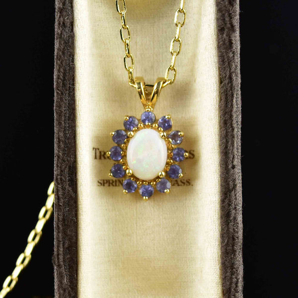 Vintage 14K Gold Opal Tanzanite Halo Pendant Necklace - Boylerpf