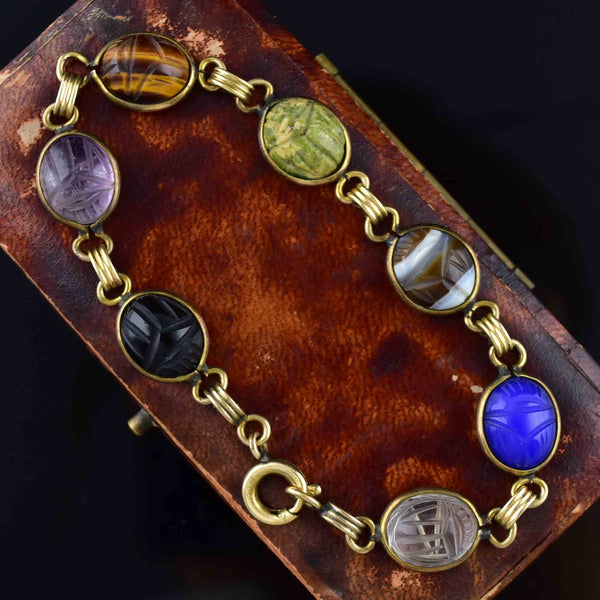 Vintage Gold Gemstone Egyptian Beetle Bug Scarab Bracelet - Boylerpf