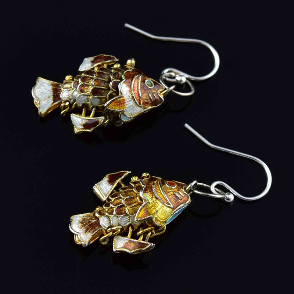 Vintage Articulated Gold Vermeil Enamel Fish Earrings - Boylerpf