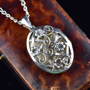 Vintage Art Nouveau Style Silver Floral Vinaigrette Locket Necklace - Boylerpf