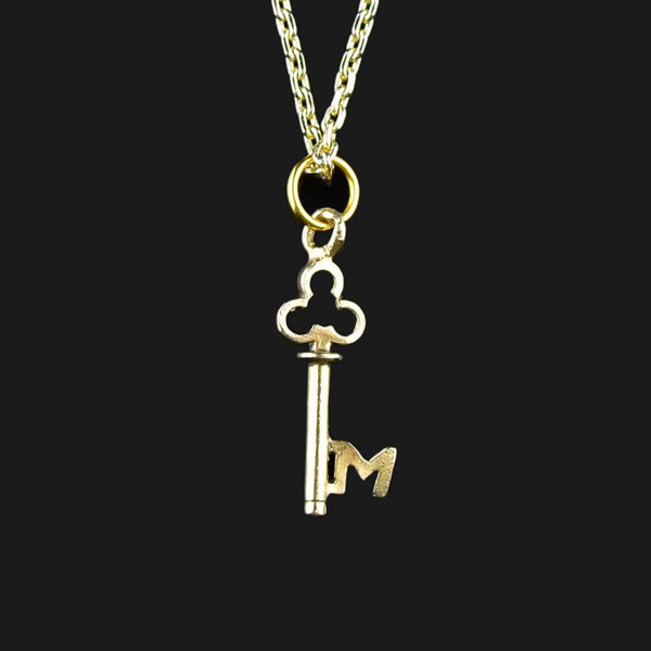 Vintage 14K Gold M Initial Skeleton Key Pendant Necklace - Boylerpf