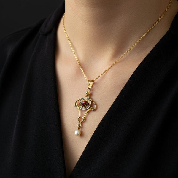 Priority Shipping for Antique Edwardian Gold Enamel Pearl Ruby Lavalier Pendant - Boylerpf