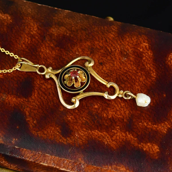 Antique Edwardian Gold Enamel Pearl Ruby Lavalier Pendant - Boylerpf