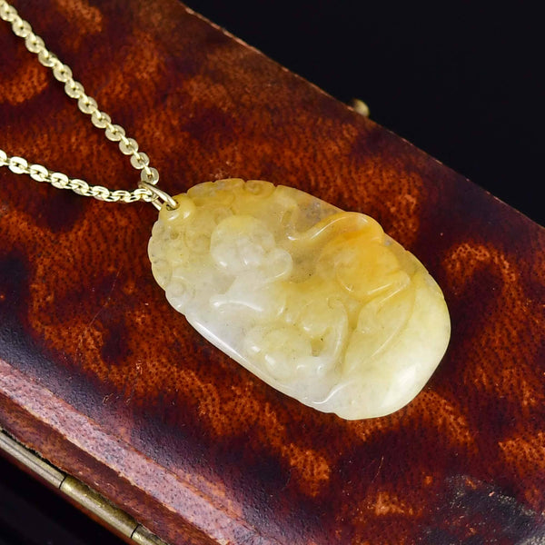 Vintage Gold Carved Yellow Jade Year of The Rat Necklace