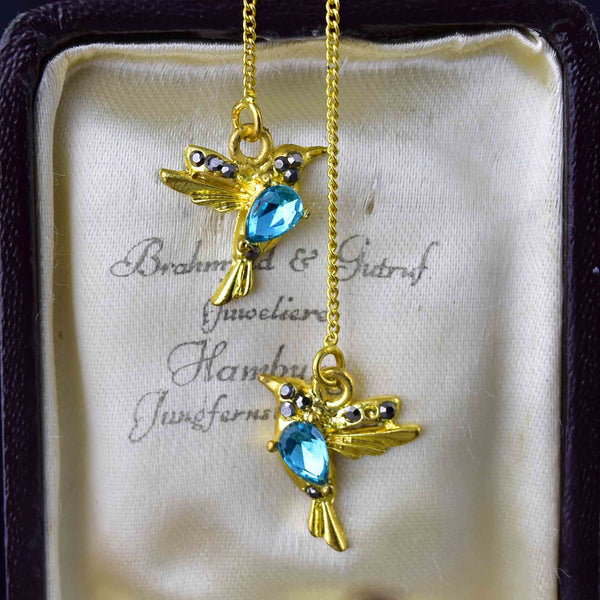 Vintage Blue Quartz Bird Threader Earrings - Boylerpf