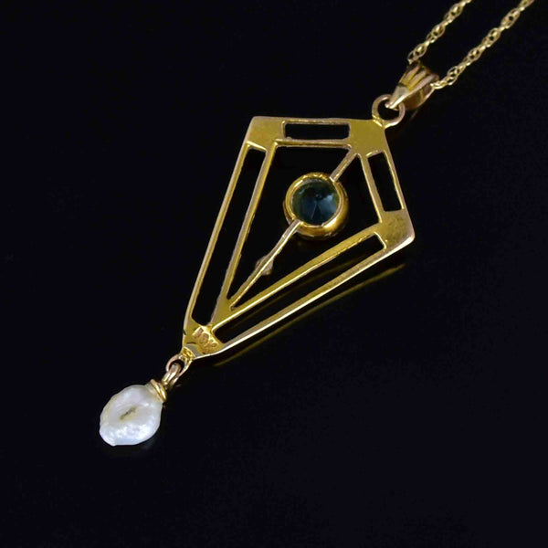 Art Nouveau Gold Pearl Blue Tourmaline Lavaliere Necklace - Boylerpf