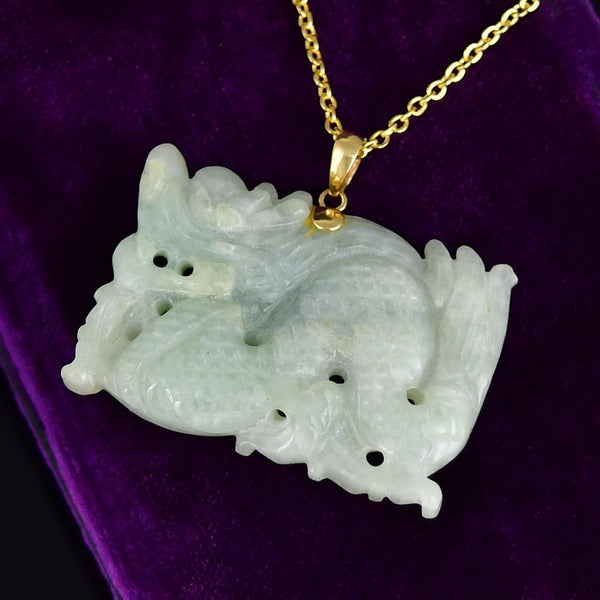 14K Gold Large Carved Jadeite Dragon Pendant Necklace