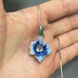 Vintage Sterling Silver Enamel Blue Topaz Flower Pendant Necklace - Boylerpf