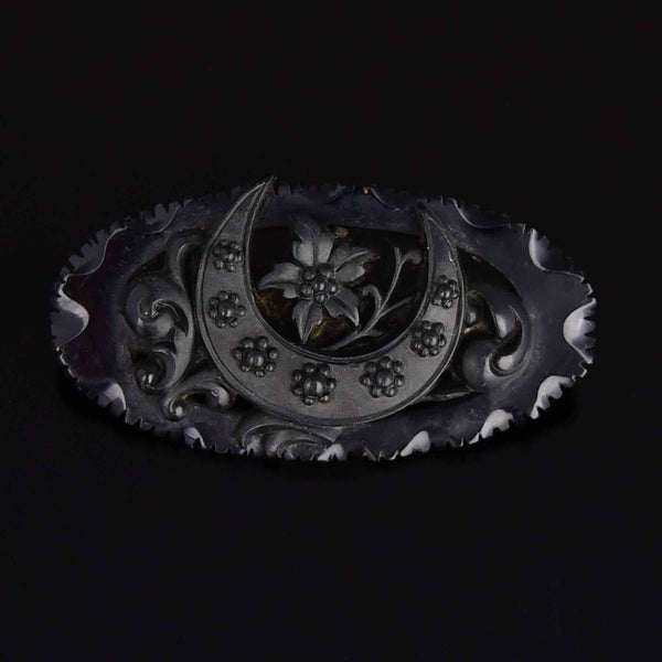 Victorian Carved Whitby Jet Crescent Moon Floral Brooch - Boylerpf