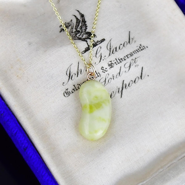 Vintage 9K Gold Carved Iona Marble Bean Charm Pendant