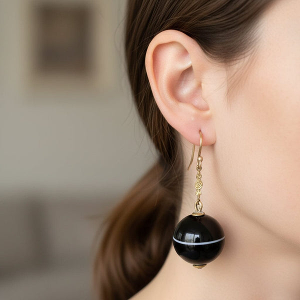 Antique Gold Rose Banded Agate Ball Drop Earrings