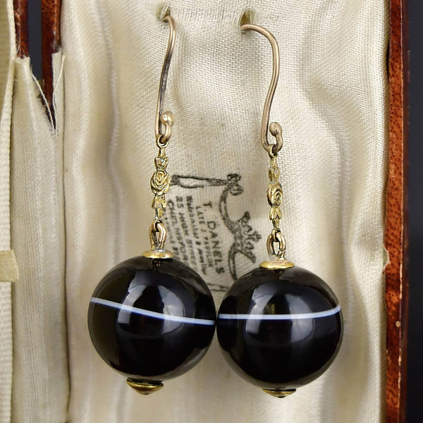 Antique Gold Rose Banded Agate Ball Drop Earrings