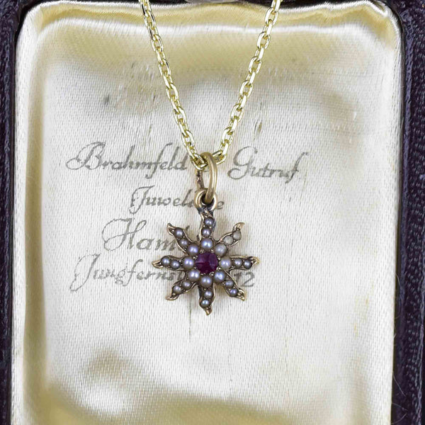 Antique 14K Gold Pearl Ruby Star Charm Pendant Necklace - Boylerpf