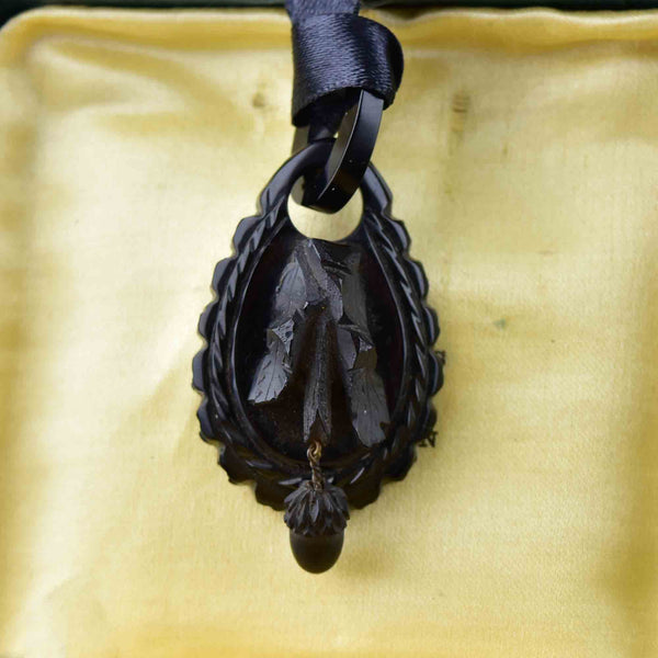 Antique Victorian Carved Whitby Jet Acorn Pendant - Boylerpf