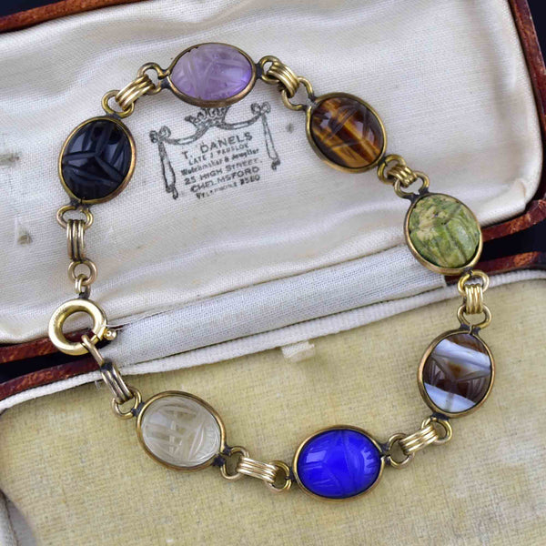 Vintage Gold Gemstone Egyptian Beetle Bug Scarab Bracelet - Boylerpf