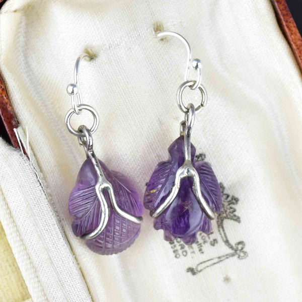 Silver Carved Amethyst Cabochon Bug Leaf Drop Earrings - Boylerpf